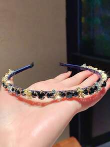 1pc Elegant Handmade Beaded Vintage Luxurious Deep Sea Blue Rhinestone Headband, Sophisticated French Style For Party, Hairband Headband For Women, Hair Accessories, Hair Hoop Head Accessories - Blue - View 2