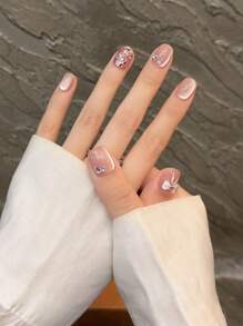 10pcs Pink Manicurist Pure Handmade Manicure Wear Nail Set Pink Cat's Eye Three-Dimensional Bow Rhinestone Heart Sequin Glitter Oval Nail Shape Press-On Nail Patch