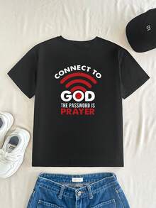 1 件女童休闲短袖 T 恤，印有“与上帝的联系是祈祷”标语设计，适合儿童夏季穿着