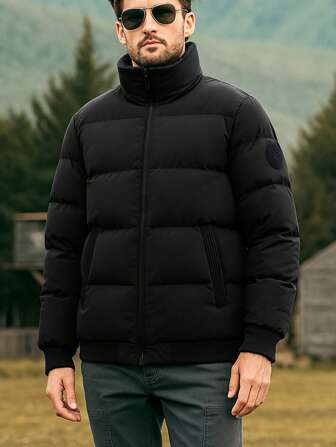 Men's Stand Collar Windbreaker Jacket, Thick Casual Slim Fit Outerwear,Fleece,Winter