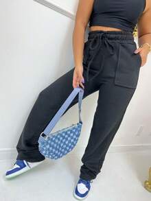 Women's Premium Flannel Sweatpants, Wide Leg Pants With Functional Pockets, Thick Fabric, High Waist, Winter, Cold, Modern, Plain, Basic, Autumn, Versatile, Modern, Comfortable, Plain, Casual, Elegant, Warm, Quality - Black - View 2