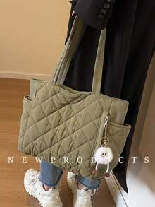 新款时尚大容量绗缝钻石设计双手柄单肩托特包，轻巧便携，女士钱包，适合夏季户外旅行，饰有动物吊坠，旅行必备背包 - 綠色 - 查看 6