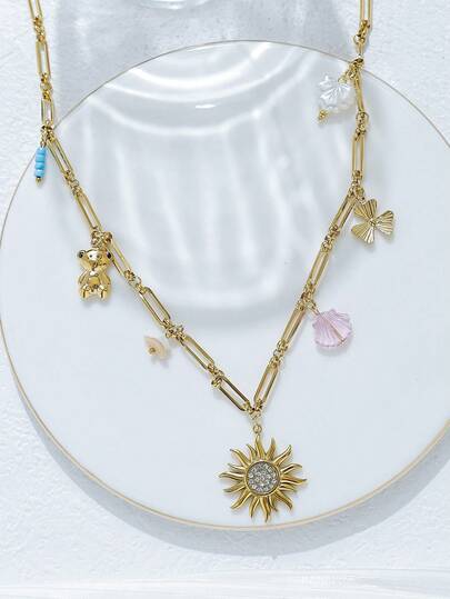 Mazuer 1pc 18K Gold Plated Vintage Summer Beach Style Casted 3-Leaf Clover Shell Bear Pendant Necklace, Elegant Retro Women Jewelry Gift For Mother's Day, Y2K Western Jewelry, Ramadan, Thanksgiving, July 4th, Daily, Holiday Party, Vacation