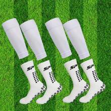 4pcs/Set Youth Sports Soccer Socks, Size 38-45 Non-Slip Dotted Sports Socks, Basketball Socks And Sports Shin Guard Compression Leg Sleeve