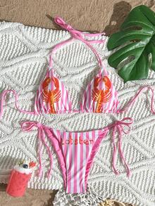 Nouveau bikini fendu à imprimé homard rayé sexy et pour femmes, idéal pour la plage et les fêtes de piscine d'été