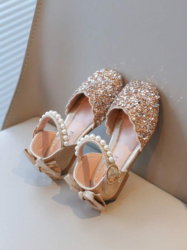 Nuevos zapatos de princesa para niñas con diseño de punta cerrada, con rhinestones, perlas, brillos y moño, zapatos planos para fiestas formales y vestidos, aptos para festividades, eventos y uso casual diario