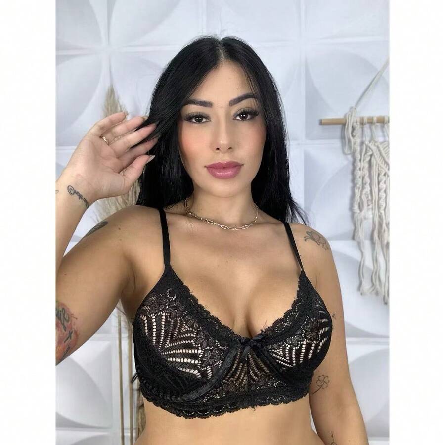 Non-Padded Bra With Underwire Lingerie Lace Bra Underwear Bow Adjustable Straps - Black - View 1
