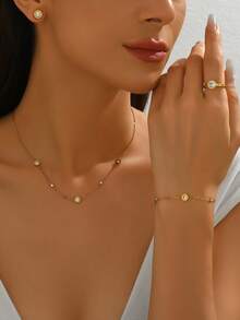 5 件套奢华钛钢罗马数字水钻手链、项链、戒指、耳环首饰套装，独特设计，适合女士 - 金色 - 查看 14