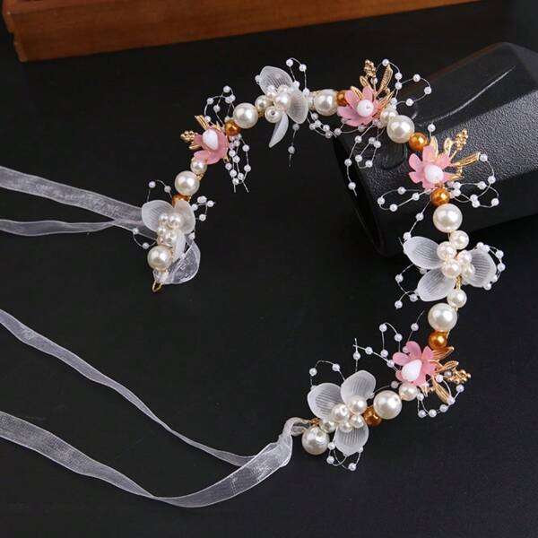 2 peças de faixa de cabeça de princesa elegante com flores rosas e pérolas - design de faixa de cabeça torcida com fita branca e decoração de pérolas, perfeita para casamentos, festas e ocasiões especiais, acessório para festa de princesa | Coroa de flores | Decoração de pérolas intrincadas, coroa de princesa