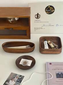 1pc Elegant Vintage Walnut Wood Desk Storage Box, Premium Solid Wood Jewelry Display Tray, Stylish Entryway Key & Miscellaneous Organizer Holder For Women, Perfect Storage Solution For Travel Essentials, Back To School Dormitory Organization, Ideal Gift For Christmas, Thanksgiving, New Year, And Valentine's Day Celebrations - Brown - View 4