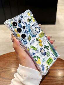 度假风格 1 件创意地中海风格图形贴纸，透明防滑防摔手机软壳，兼容三星，采用蓝色酒瓶、马提尼酒杯、柠檬、鱼、橄榄、贝壳设计 - 彩色 - 查看 3