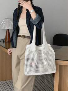 Yogodlns Geantă de vară pentru femei, stil vintage de vacanță, tricotată manual, curea de umăr croșetată, capacitate mare, geantă de mare capacitate tricotată cu gol, stil de vacanță