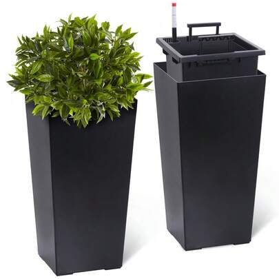22.5 Inch Tall Planter Set Of 2, Indoor & Outdoor Black Taper Planter With Shelf Insert, Self-Absorbing Plastic Flower Pots, Large Resin Plant Pots For Outdoor Plants And Front Porch Decor