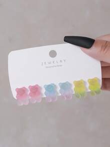6 Pairs Fashion Resin Pentagonal Star, Heart, Teddy Bear Element Stud Earrings Set, Suitable For Women's Daily Wear, Music Concerts, Gatherings, Party Outfits, Gifts