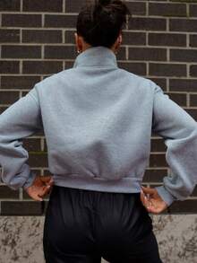 SAYEHFBABY Solid Zip Up Drop Shoulder Sweatshirt,Long Sleeve Tops - Grey - View 3