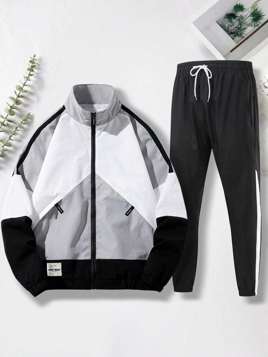 1set Men's Colorblock Sport & Casual Stand Collar Jacket And Pants 2pcs Windproof Set, Spring/Fall - Grey - View 1