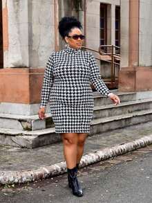 Women's Plus Size Dress Long Sleeve High Neck Elegant Premium Ribbed Fabric - 白色 - 查看 3