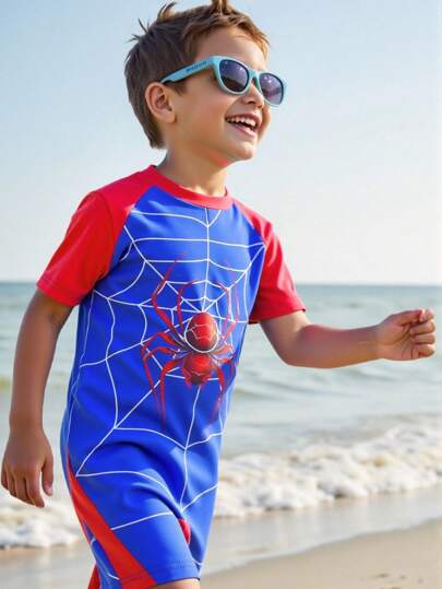 Mono de verano para niños pequeños con estampado digital de araña, de manga corta tipo raglan, elegante y con estilo, para uso casual al aire libre