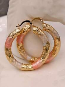 1對時尚玫瑰金銅圓環耳環，女性女孩時尚珠寶配件生日婚禮派對禮物 - 金色 - 查看 6