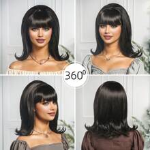 Peluca negra sintética resistente al calor de 14" para mujeres con flequillo plano y ondas rizadas, con gorro de red de rosa y accesorio de disfraz elegante para cosplay, vacaciones, festivales de música, estilo de peinado de 1940, cómodo ajuste del gorro, accesorios para pelucas