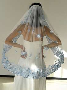 1 Stück kurzer, einlagiger Brautschleier in Farbverlauf-Blau mit besticktem Rand, Perlenverzierung & Haarkamm, Hochzeitskleid Accessoire für Frauen