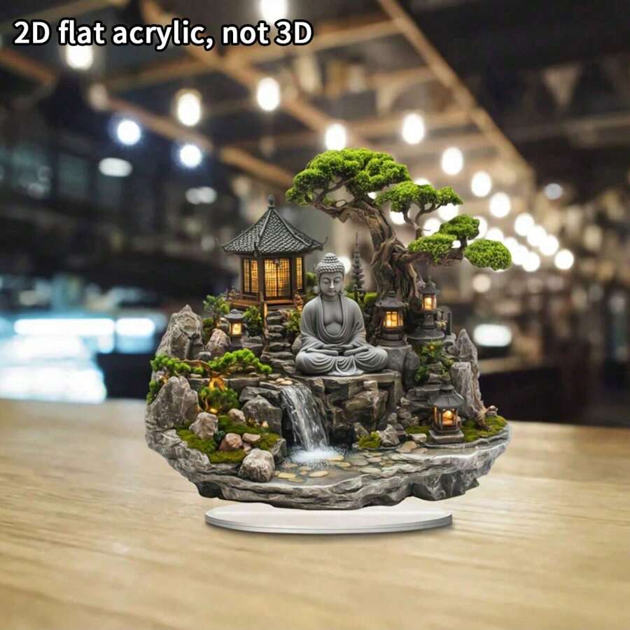 1 Stück 2D flache Acryl Zen Garten Wasserfall Buddha Statue - Ruhige Landschaftskunst, 2D Acryl Dekoration für Zuhause und Büro, ohne Strom, perfektes Festivalgeschenk für Ruhe und Harmonie, Raumdekoration, Dekorative Kunst, komplexes Design, 2D flach