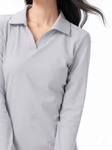 CAMEL CROWN 女士休闲长袖Polo衫春夏驼色户外速干长袖立领弹力透气徒步防晒T恤 - 冷月灰 - 查看 2