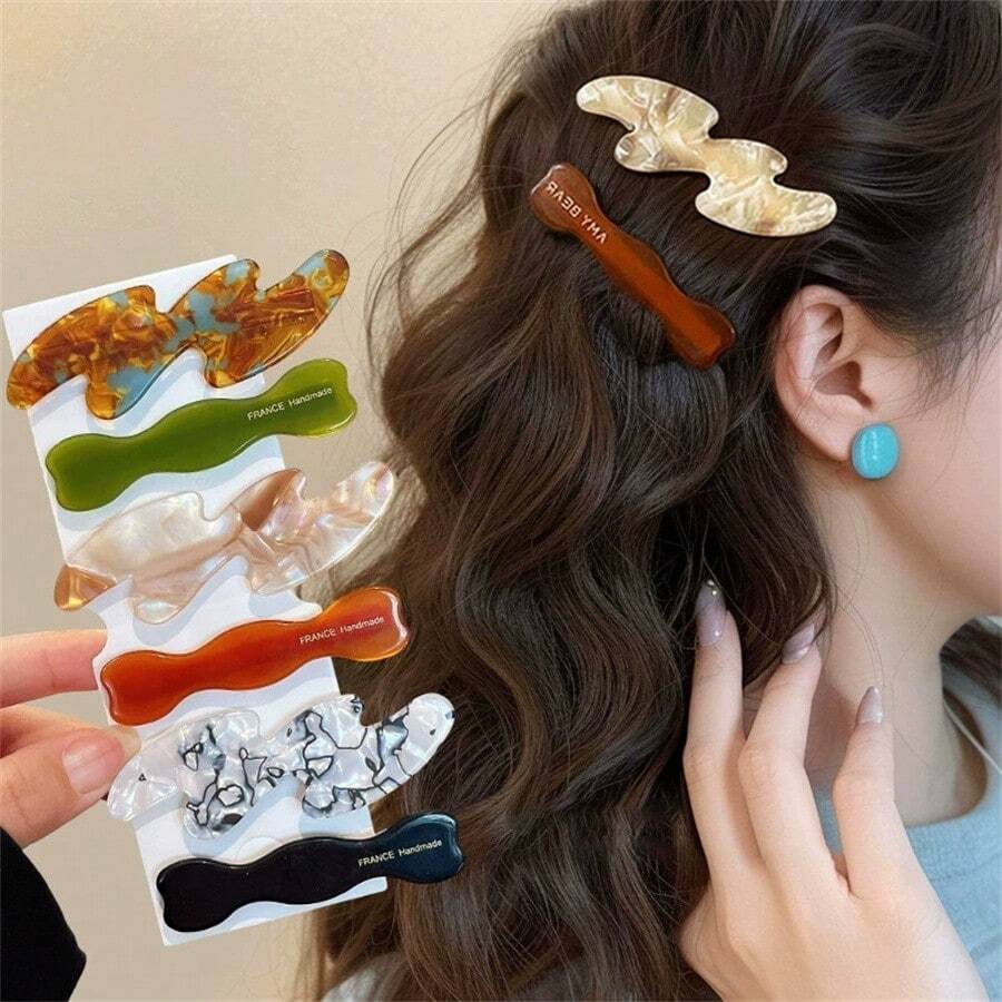 2个/套 复古简约醋酸纤维波浪发夹，小众优质发饰，不对称鸭嘴/一体式侧夹，扁平爪夹，按扣夹，鳄鱼夹，发夹，发卡，发爪，学习用品，头部饰品，发卡，发夹，发卡，节日，派对