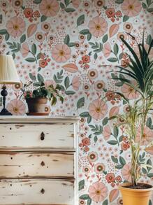 Pink Flowers Pattern Peel & Stick Wallpaper Boho Floral Garden Bedroom Self-Adhesive Removable Wallcovering Pre-Pasted Flowering Meadow Wall Paper Wall Stickers Room Decor Wall Decor Wall Sticker