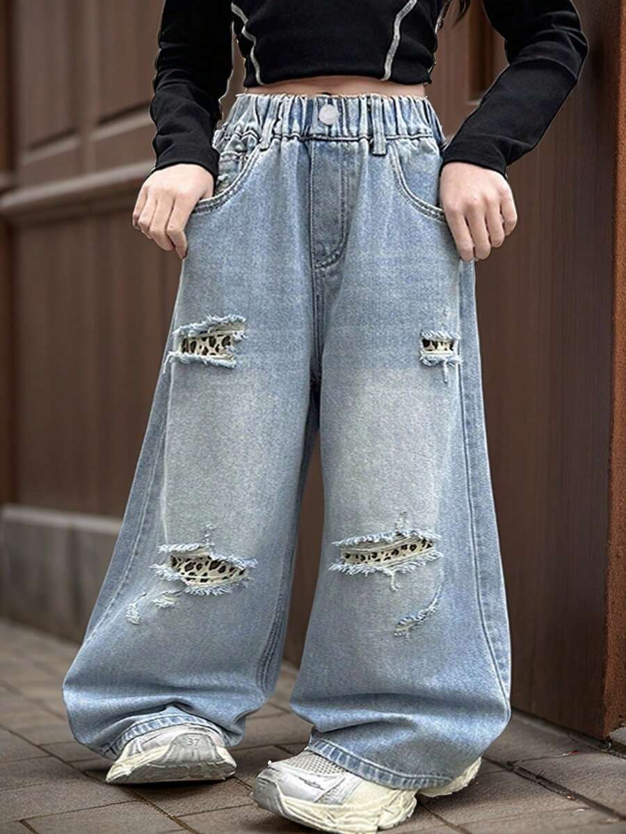Celana Jeans Lebar Model Sobek dengan Pinggang Elastis untuk Anak Perempuan - Biru - View 1