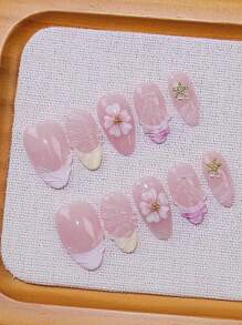 10pcs 3D Handmade Carved Press-On Nails, Short & Medium Length, French Manicure Design, Reusable, Including 1pc Jelly Gel & 1pc Nail File, Suitable For Women And Girls, Daily, Office, Party