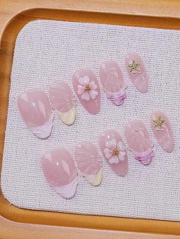 10pcs 3D Handmade Carved Press-On Nails, Short & Medium Length, French Manicure Design, Reusable, Including 1pc Jelly Gel & 1pc Nail File, Suitable For Women And Girls, Daily, Office, Party