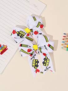 2pcs Back To School Hair Bows For Students Apple Pencil School Bus Letters Pattern Bow Hair Clips White Black Grosgrain Ribbon Bow Alligator Clips Cute Apple Pencil School Bus Letters Printed Bow Hair Clips Adorable Back To School Bow Barrettes For First Day Of School Teens Hair Accessories