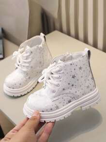 1 Paar unisex weiche, rutschfeste Stiefel, vielseitig modische Kinder-Knöchelstiefel mit Seitlichem Reißverschluss, glänzend lederene wasserfeste römische Schnürstiefel für Babys, geeignet für Frühling, Herbst und Winter