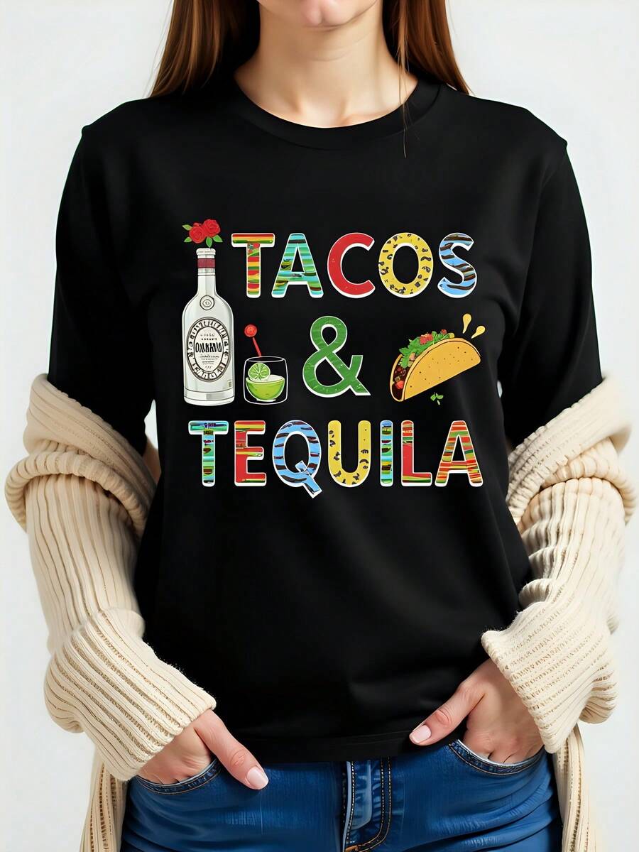 Camiseta negra de algodón 180g cuello redondo con diseño divertido de Tacos y Tequila perfecta para fiestas y celebraciones de Día de Muertos y Halloween ideal para verano y otoño manga corta gráfica de mujer - Negro - Ver 1