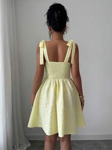 女式 2025 几何图案优雅梭织面料前系蝴蝶结腰部中长连衣裙，适合晚间约会、派对、花园旅行、夏季