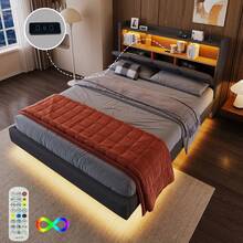 Upholstered Bed, Youth Bed With Practical Storage And Ambient Light, Linen+MDF, 140x200cm, Without Mattress - 灰色 - 查看 2