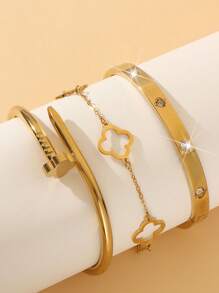 Juego de 3 piezas de brazalete de acero inoxidable chapado en oro de 18 quilates con flor de cuatro hojas hueca y circonita, joyería de moda adecuada para uso diario, fiestas, vacaciones, gran regalo para madres, novias, esposas e hijas, resistente al agua y resistente a la decoloración