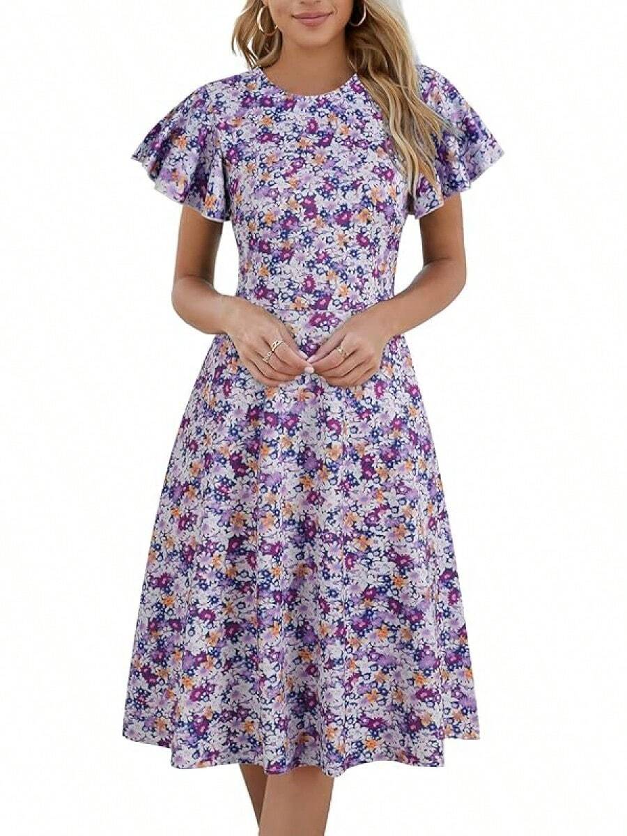 Women's Semi-Formal Ruffle Sleeve V-Back Work Fit And Flare Cocktail Knee Length Dress With Pockets, 2025 Style - Purple Floral - 查看 1