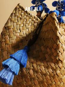 JNIJLI 1 chiếc Túi rơm thủ công tua rua phong cách cổ điển Boho Vacation, Túi xách, Túi dệt cổ điển của Pháp, Đa năng cho việc đi lại hàng ngày, Thời trang công sở giản dị, Kỳ nghỉ du lịch, Đám cưới bãi biển, Dã ngoại, Ngày lễ, Bãi biển, Quà tặng tuyệt vời nhất cho phụ nữ, Mẹ, Giáo viên, Bạn bè, Phù dâu, Có kèm mặt tua rua - Dark Blue - Xem 3
