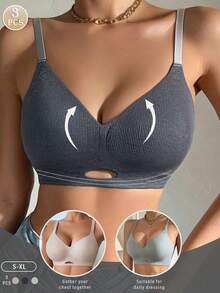 3 件女士舒适休闲文胸，简约无钢圈提升支撑文胸，亲肤透气材质 - 彩色 - 查看 2