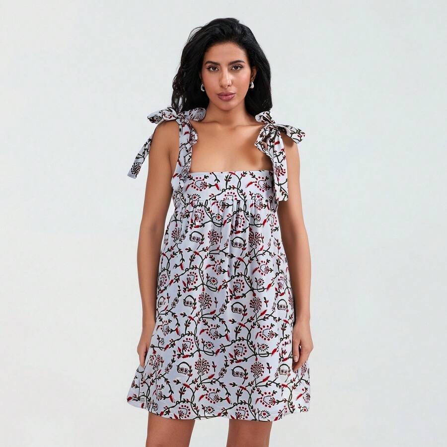Women Sleeveless A-Line Dress Summer Casual Floral/Stripe Print Tie Up Straps Loose Party Dress For Beach Streetwear - 彩色 - 查看 1