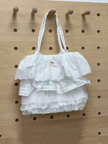 韩国自然风复古大容量托特包，适合大学生和高中生，蕾丝荷叶边装饰，帆布单肩包，返校季 - 白色 - 查看 3