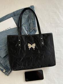 大容量欧美跨境字母蝴蝶结图案托特包女格纹休闲单肩包适合大学生返校 - 黑色 - 查看 4