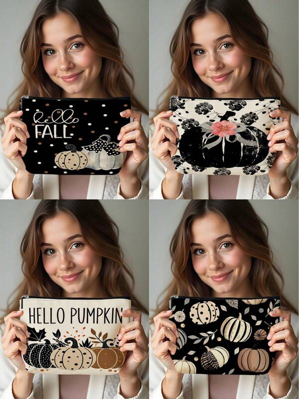 1pc Autumn Pumpkin Leaf Floral Bow Letter Linen Print Makeup Bag, Cute Travel Cosmetic Case And Multifunctional Coin Purse, Lightweight Gift For Women