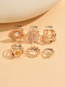 6pcs/Set Vintage Coin Adjustable Rings Set, Fashion Drip Glaze Floral With Faux Pearl Decoration, Women Jewelry Accessories Suitable For Daily Wear, Dates, Parties, Travel And Photo Taking