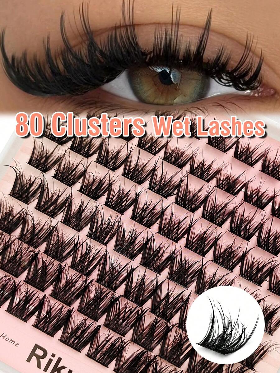 Rikuaild 80片黑色单根湿睫毛，D卷蓬松仿貂毛睫毛，卡通湿睫毛，10-16毫米细带可重复使用纤细单根睫毛，适用于DIY角色扮演和美睫沙龙，睫毛簇，单根假睫毛 - D - 查看 1