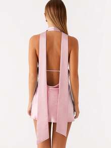 Women's Sleeveless Halter Backless Mini Dress Deep V Neck A-Line Casual Party Short Dresses,With Scarf - 粉色 - 查看 2