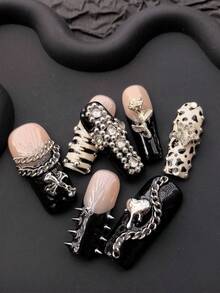 Bộ 10 móng giả dán thủ công phong cách Y2K, punk gothic tối màu, đính hình thánh giá, hoa hồng và ngọc trai giả, vẽ tay tỉ mỉ, dài, thích hợp cho tiệc tùng và sử dụng hàng ngày. Móng giả dán thủ công. - màu đen - Xem 3