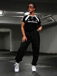 SAYEHFBABY 女士夏季日常装学院风街头装复古运动装休闲音乐节针织字母印花弹力编织带拼布撞色勃艮第宽松短款插肩袖黑色针织 T 恤 - 黑色 - 查看 3